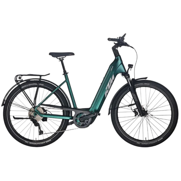 Bicicleta elétrica de trekking KTM Macina Style 810 H verde e roxa com acabamento mate.